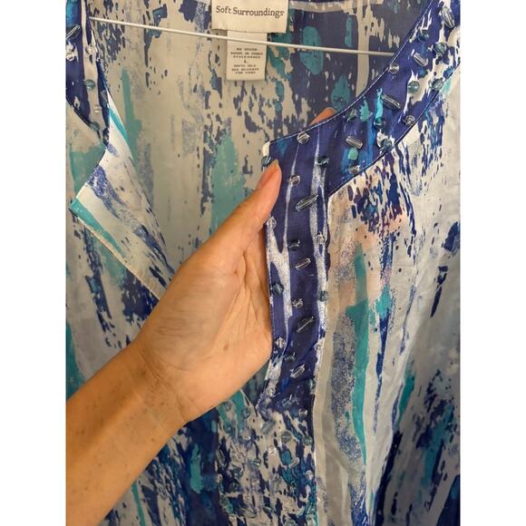 Soft Surroundings Top Women's Large 100% Silk Blue Tunic Blouse V Neck Sheer - Picture 6 of 8